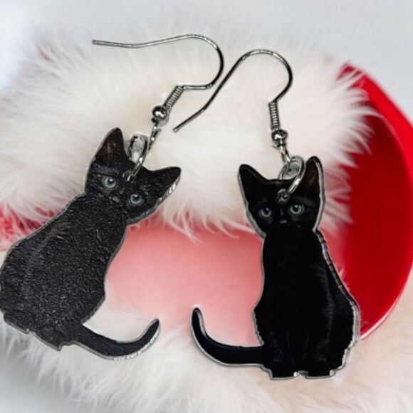 Black Cat 🐈‍⬛ Earrings Gothic Dangle Shiny Acrylic Bad Luck Kitty Cute Creepy - Picture 2 of 9